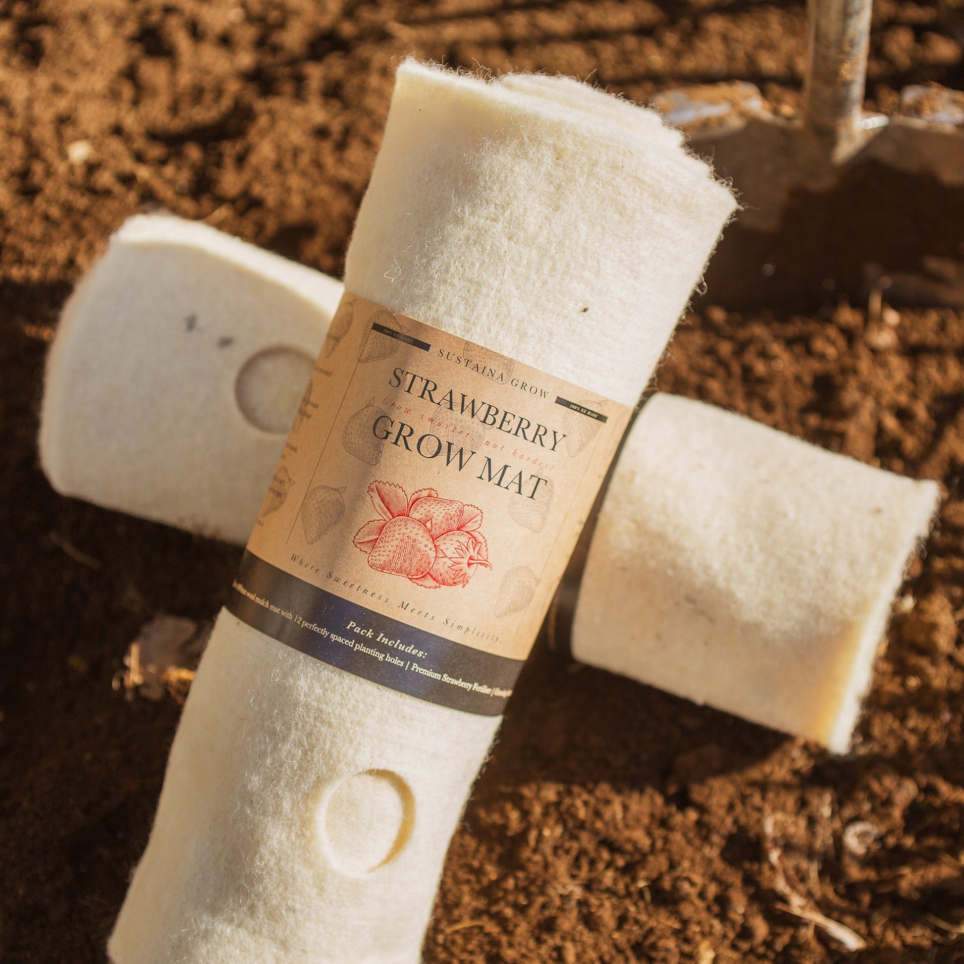 Roll of strawberry grow mat with label on a soil background